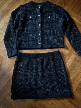 Rachel Zoe Black Tweed Knit Jacket & Skirt Set with Jewel Buttons